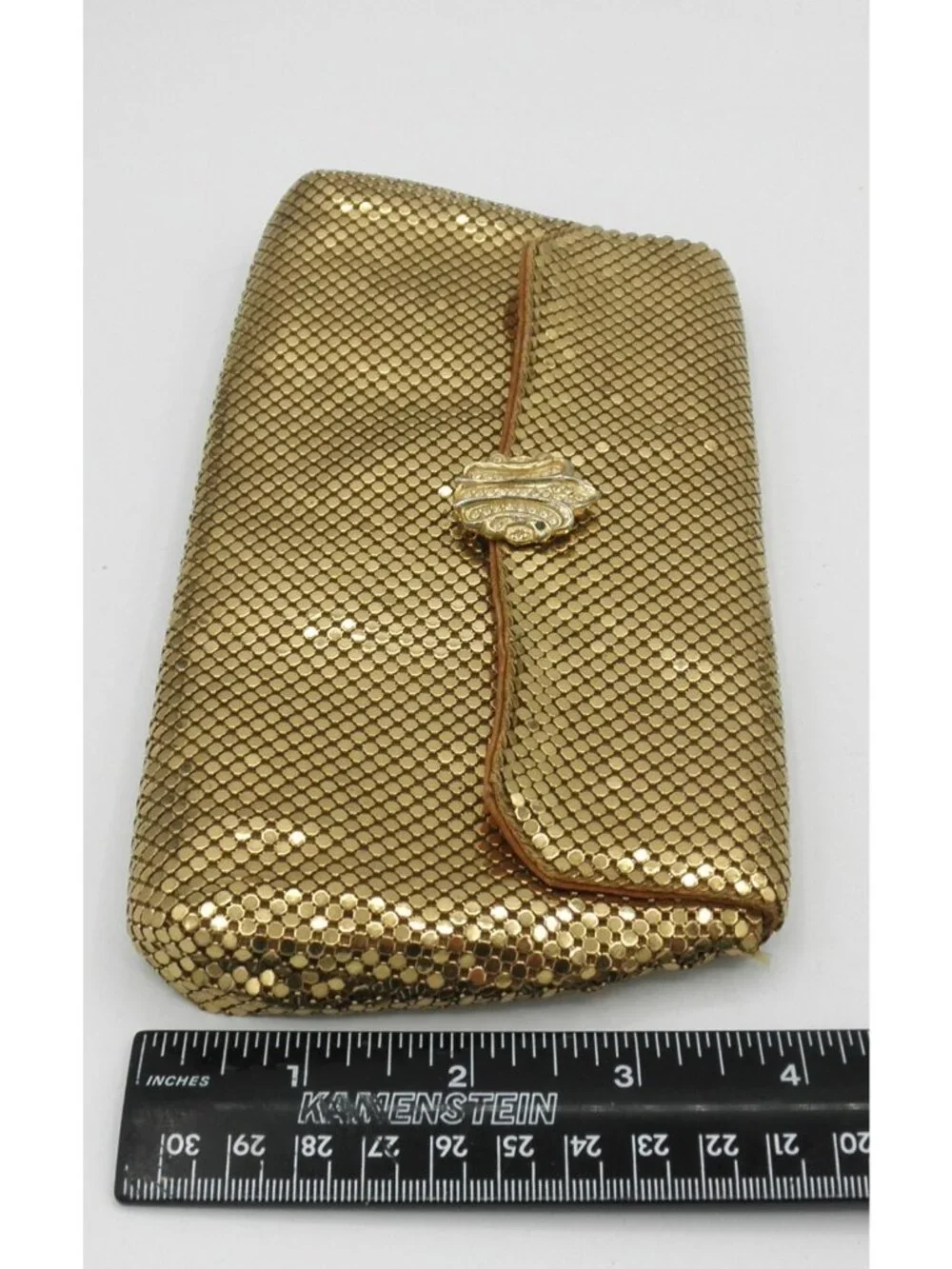 Vintage Whiting and Davis Gold Metal Mesh Rhinestone Clasp Clutch Purse FLAWS